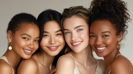 Celebrating Beauty and Inclusion, a vibrant gathering of diverse women showcasing radiant skin, makeup artistry, and wellness, set against a minimalist studio backdrop