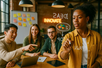 A multiethnic team in an office or coworking space brainstorms using a transparent whiteboard to write down ideas and diagrams.
