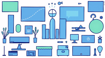 creative flat illustration of digital business workspace with technology devices, office tools, and modern business concept