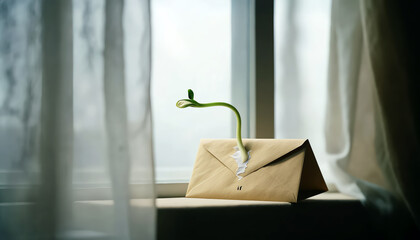 Sprout emerging from an envelope near a window in soft light