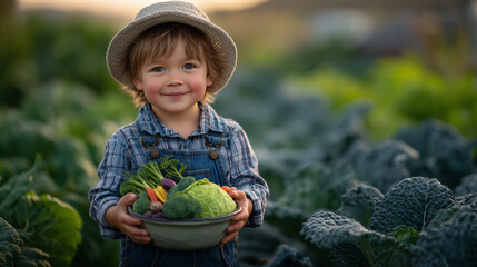 Joyful child in casual farm clothes holds bowl filled with colorful freshly picked veggies, surrounded by lush plants, warm golden hour lighting enhancing natural colors caring for