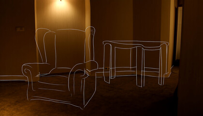 In an artistic space, a cozy chair and table come to life with lines