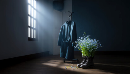 Evening light reveals boots with blooming flowers in a cozy room