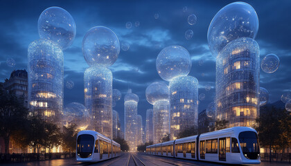 Futuristic city illuminated by bubbles and tranquil trains at twilight