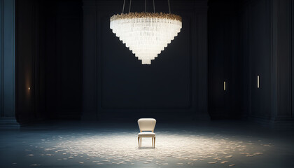 Elegant chair illuminated under a stunning chandelier in a dark space