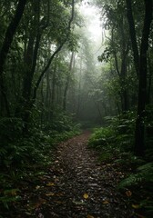 Obraz premium Lush Green Rainforest Path With Sunlight Beams