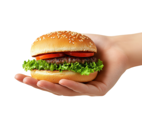 Hand holding delicious hamburger with fresh ingredients food