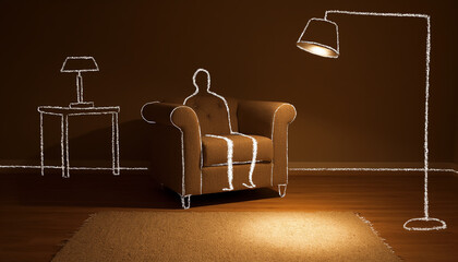 Creative outline of a cozy reading nook with warm lighting and shadows