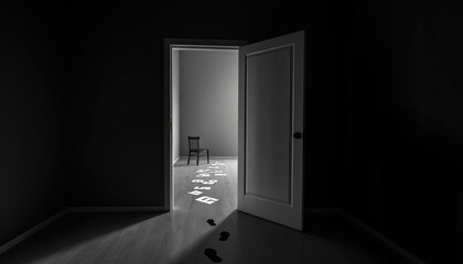 Footsteps lead to an empty chair in a dimly lit room