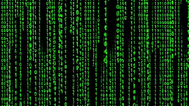 Digital rain of binary code zeros and ones on dark background