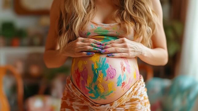 Expecting mother showcases colorful belly artwork during creative baby shower celebration at home in sunny afternoon