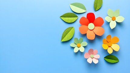 Vibrant Paper Flowers and Leaves on Blue Background