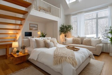 Obraz premium Cozy Loft Bedroom with Winter View