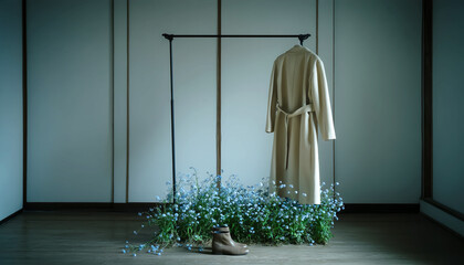 Fashionable coat display amidst vibrant greenery in a serene interior