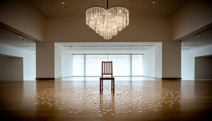 Heart-shaped chandelier lights an empty chair with petals