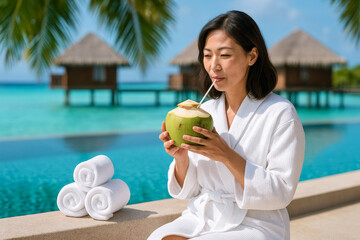 A middle-aged Asian woman in a white coat at a tropical resort with a coconut on the ocean. Vacation at the resort