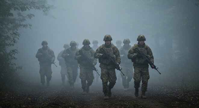 Group of soldiers marching through dense fog, possible military operation or training scenario