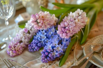Vibrant hyacinth bouquets adding a touch of spring to a rustic table setting, creating a festive atmosphere