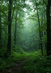 Obraz premium Rainy Forest Path: Lush Green Trees and Foggy Atmosphere