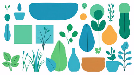flat illustration of houseplants and decorative vases with green leaves in minimal style and eco-friendly nature theme