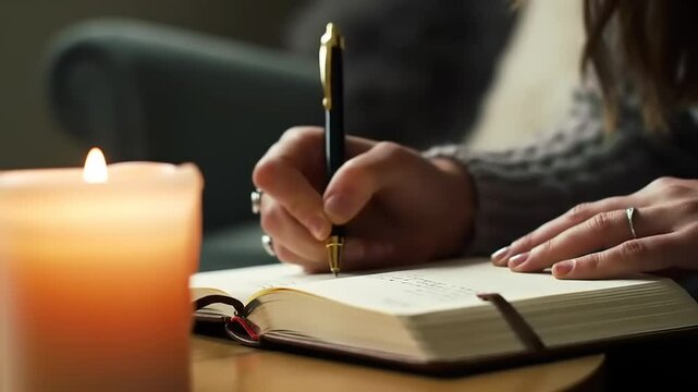 A person writing in a notebook by candlelight, creating a cozy atmosphere in a living room