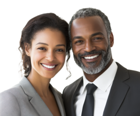 Professional couple smiling together corporate office portrait bright