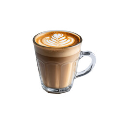 latte in a glass cup with latte foam art  isolated die-cut 