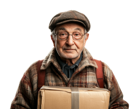 Delivering joy elderly man with package portrait warm atmosphere - Powered by Adobe