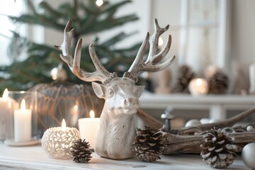 Fototapeta premium Christmas still life with deer statue, candles, and pine cones creating a cozy atmosphere