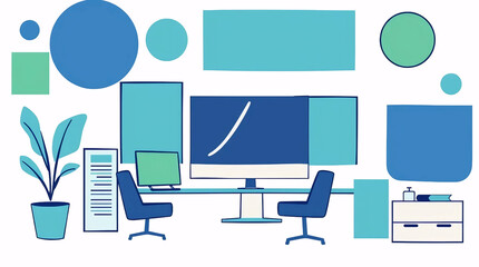 modern flat illustration of workspace interior with desk, computer, and creative digital office design in minimal style