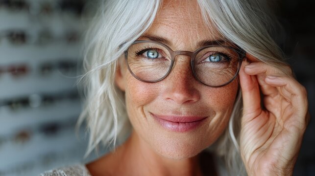 Mature woman smiling and trying on glasses