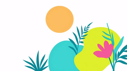 minimal flat illustration of tropical leaves and orange sun with green nature concept and smooth abstract background