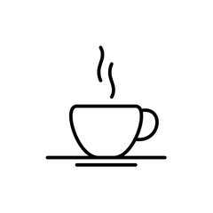 A steaming cup of coffee or tea rests on a saucer.