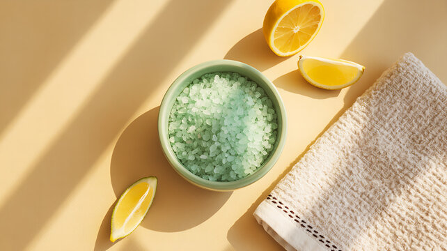 A bowl of green bath salts sits next to slices of lemon and a beige towel on a light yellow background