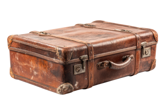PNG Vintage brown leather suitcase with metal accents and wear details