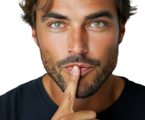 Quiet confidence man with finger on lips portrait