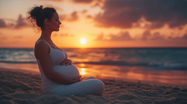 Expecting mother meditates on beach during sunset, embracing tranquility and connection with nature
