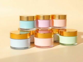Beauty Product Display: A visually appealing array of skincare jars with gold lids and pastel creams creates a minimalist composition, perfect for beauty, cosmetic, and skincare promotion.