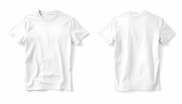 Front and back views of a plain white t-shirt, laid flat, showcasing a blank design space.