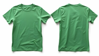 Front and back view of a plain, light green, short-sleeved t-shirt, isolated on white.