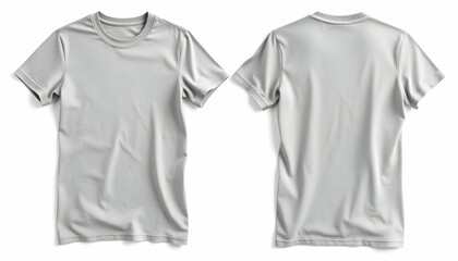 Front and back view of a plain, light grey t-shirt, isolated on white.