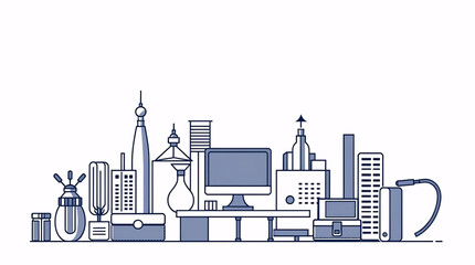 creative black and white line art of modern digital workspace with desktop computer, bookshelves, and minimal design