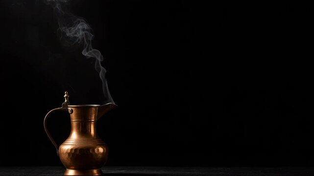 Steaming Copper Pitcher, traditionally styled, against a dark backdrop with copy space