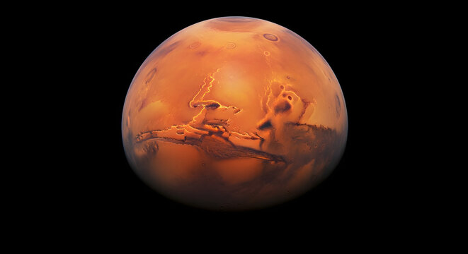 The red planet Mars floats in the darkness of space, showcasing its canyons, craters, and rusty surface in a vivid and detailed view.