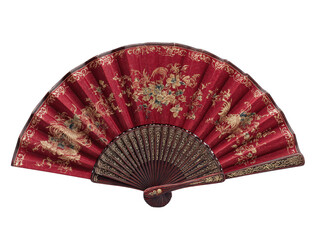 Elegant Red Decorative Fan with Intricate Floral Embroidery Design