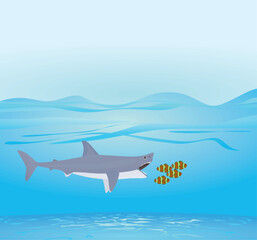 Big shark eat small fish. vector	
