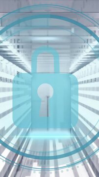 Animation of padlock icon and digital data processing over computer servers