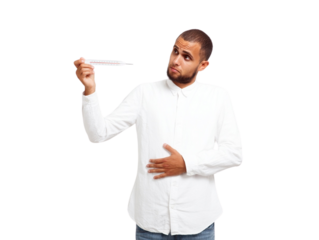 A man holds a mercury thermometer and holds his stomach with his hand isolated on transparent or white background, png