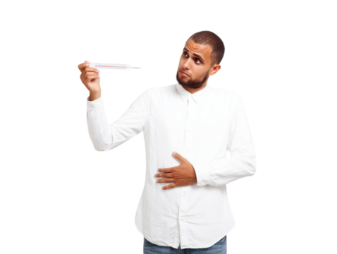 A man holds a mercury thermometer and holds his stomach with his hand isolated on transparent or white background, png