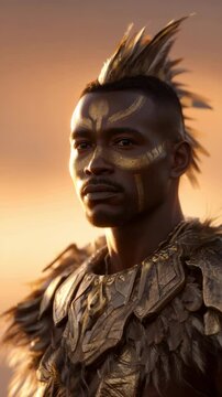 A proud tribal man with a feather headdress and gold face paint represents cultural heritage